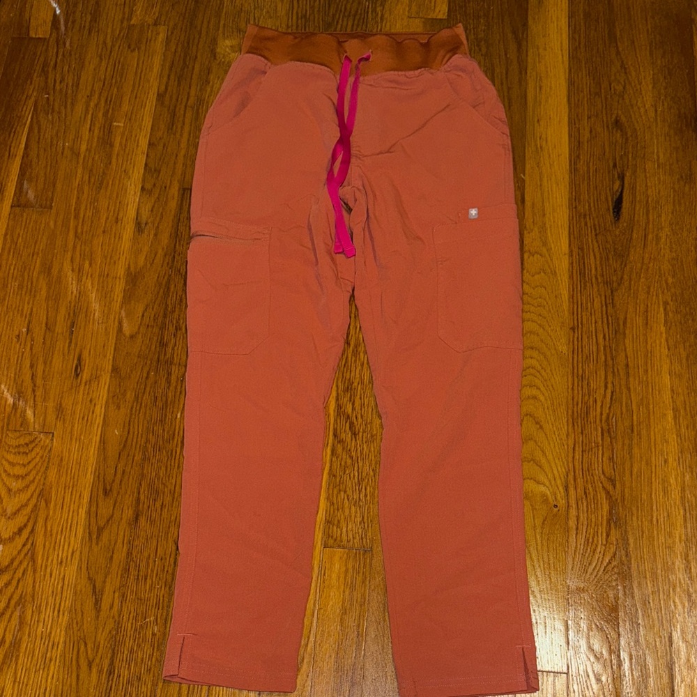 Figs Women's Orange Cargo Pants with Pink Drawstring